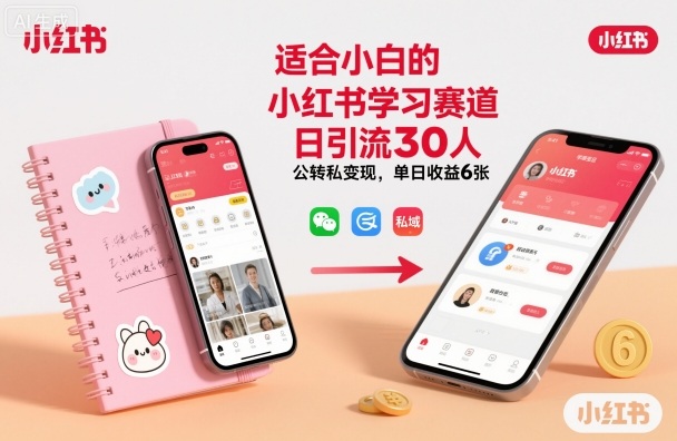 适合小白的小红书学习赛道，日引流30人，公转私变现，单日收益6张-淘秘副业