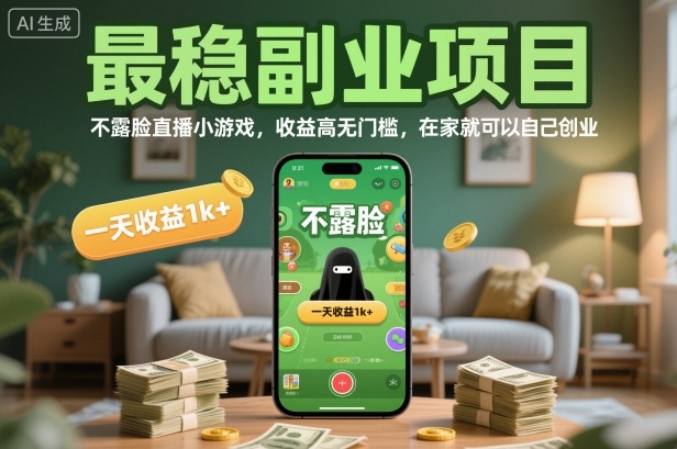 最稳副业项目，不露脸直播小游戏，收益高无门槛，一天收益1k+，在家就可以自己创业【揭秘】-淘秘副业