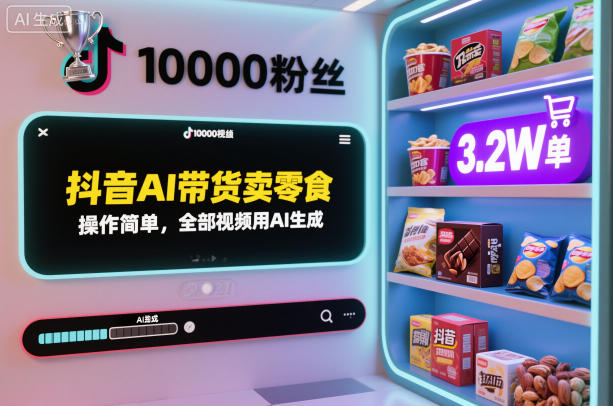 抖音AI带货卖零食，操作简单，全部视频用AI生成，一万粉丝，卖了3.2W单-淘秘副业