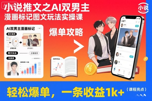 小说推文之AI双男主漫画标记图文玩法实操课，轻松爆单，一条收益1k+-淘秘副业