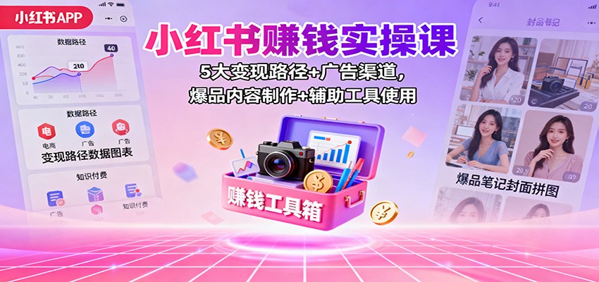 小红书赚钱实操课：5大变现路径+广告渠道，爆品内容制作+辅助工具使用-淘秘副业