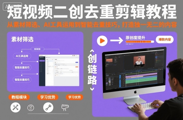 短视频二创去重剪辑教程，从素材筛选、AI工具运用到智能去重技巧，打造独一无二的内容-淘秘副业
