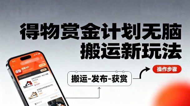 得物无脑搬运新玩法，每天无脑复制粘贴，一天收益140+，轻松賺米-淘秘副业