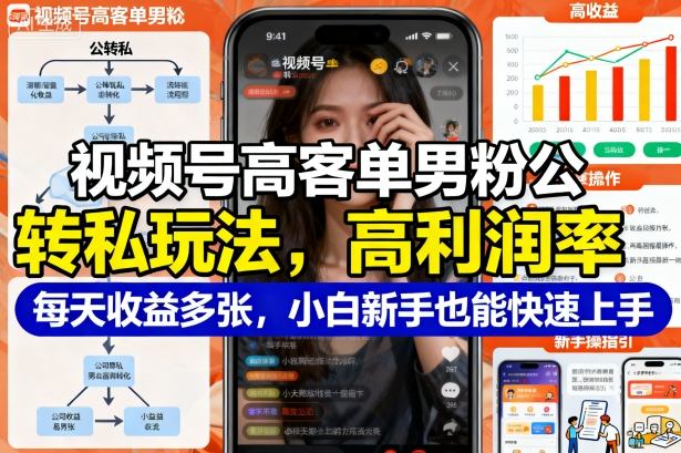 视频号高客单男粉公转私玩法，高利润率每天收益多张，小白新手也能快速上手-淘秘副业