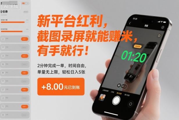 新平台红利，截图录屏就能賺米，有手就行！2分钟完成一单，时间自由，单量无上限，轻松日入5张【揭秘】-淘秘副业