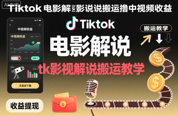 Tiktok电影解说搬运撸中视频收益，tk影视解说搬运教学-淘秘副业