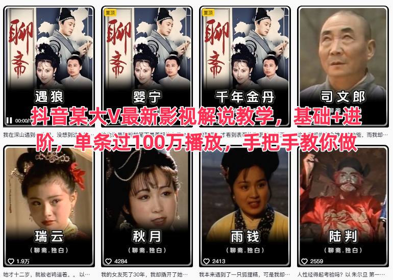 抖音某大V最新影视解说教学，基础+进阶，单条过100万播放，手把手教你做-淘秘副业
