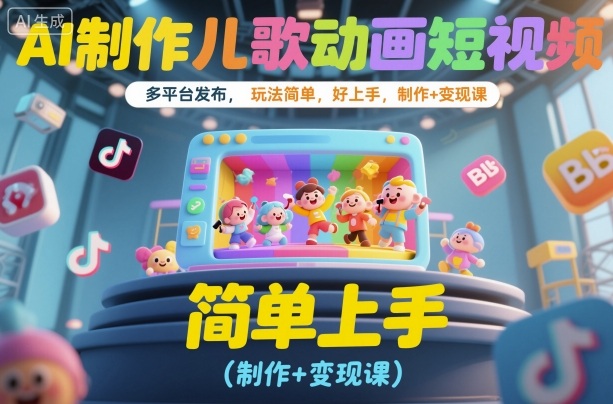 AI制作儿歌动画短视频，多平台发布，玩法简单，好上手，制作+变现课-淘秘副业