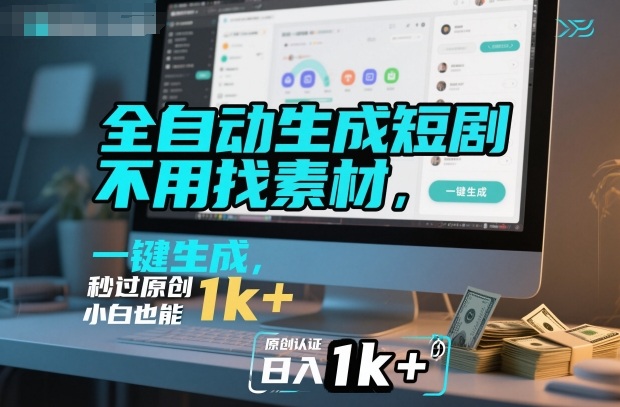 全自动生成短剧，不用找素材，不用剪辑，一键生成，秒过原创，小白也能轻松日入1k+【揭秘】-淘秘副业