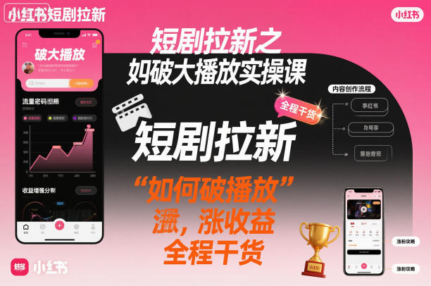 短剧拉新之小红书如何破大播放实操课，如何破播放，涨收益，全程干货-淘秘副业