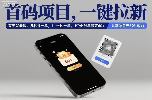 首码项目，一键拉新，有手就能做，几秒钟一单，1个小时单号可60+，认真做每天5张+收益【揭秘】-淘秘副业