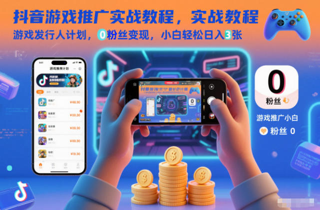 抖音游戏推广实战教程，游戏发行人计划，0粉丝变现，小白轻松日入3张-淘秘副业