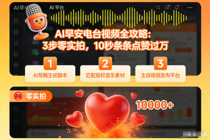 AI早安电台视频全攻略：3步零实拍，10秒条条点赞过万-淘秘副业