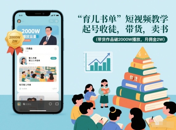 育儿书单短视频教学，起号收徒，带货，卖书（带货作品破2000W播放，月佣金2W）-淘秘副业