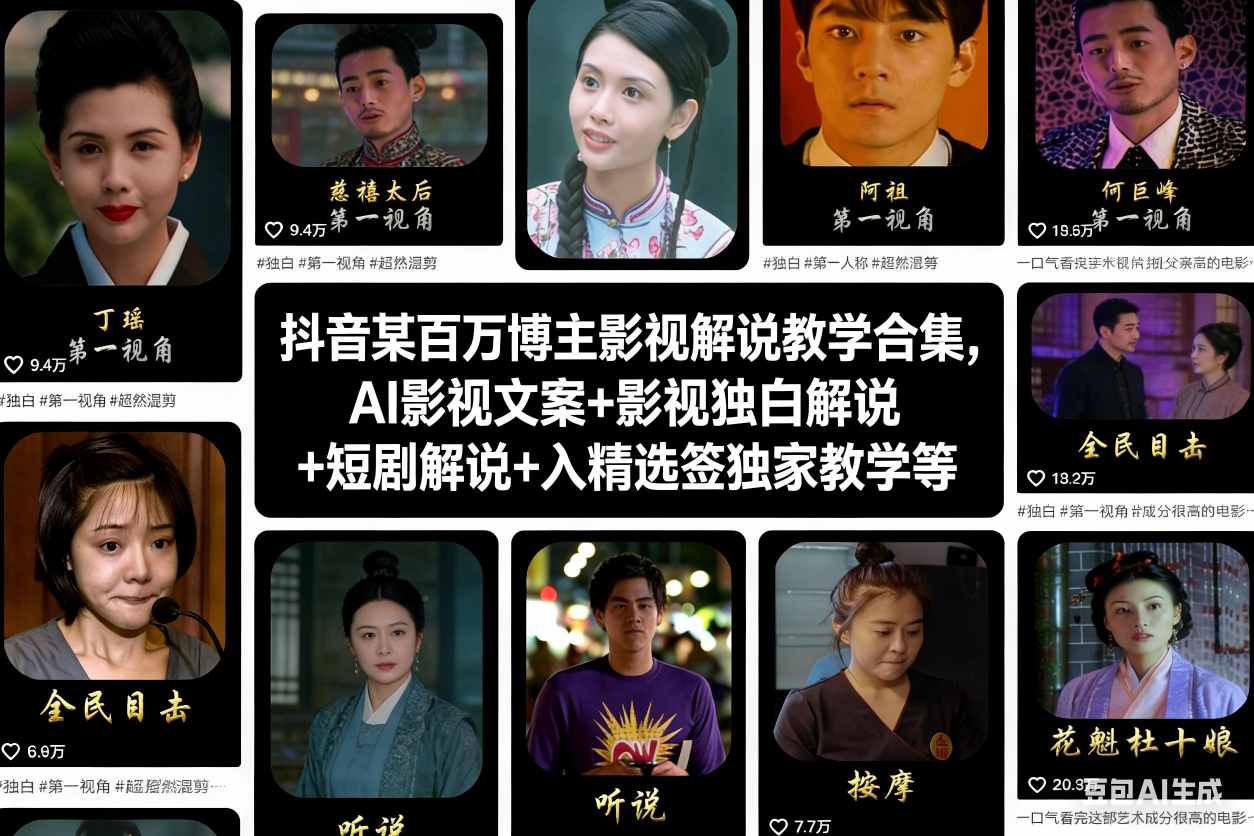 抖音某百万博主影视解说教学合集，AI影视文案+影视独白解说+短剧解说+入精选签独家教学等-淘秘副业
