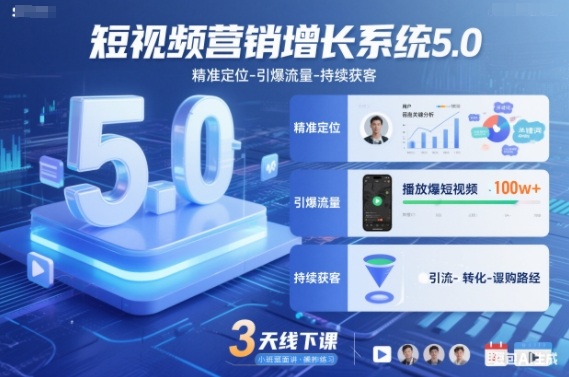 短视频营销增长系统5.0，精准定位-引爆流量-持续获客，3天线下课（音频+图片）-淘秘副业