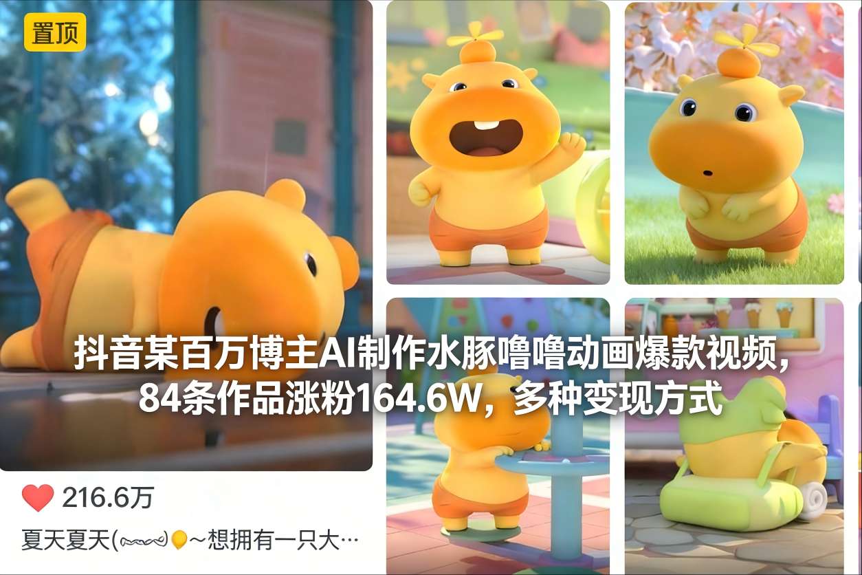 抖音某百万博主AI制作水豚噜噜动画爆款视频，84条作品涨粉164.6W，多种变现方式-淘秘副业