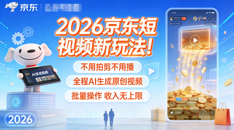 2026京东短视频新玩法！不用拍剪不用播，全程AI生成原创视频，批量操作收入无上限-淘秘副业