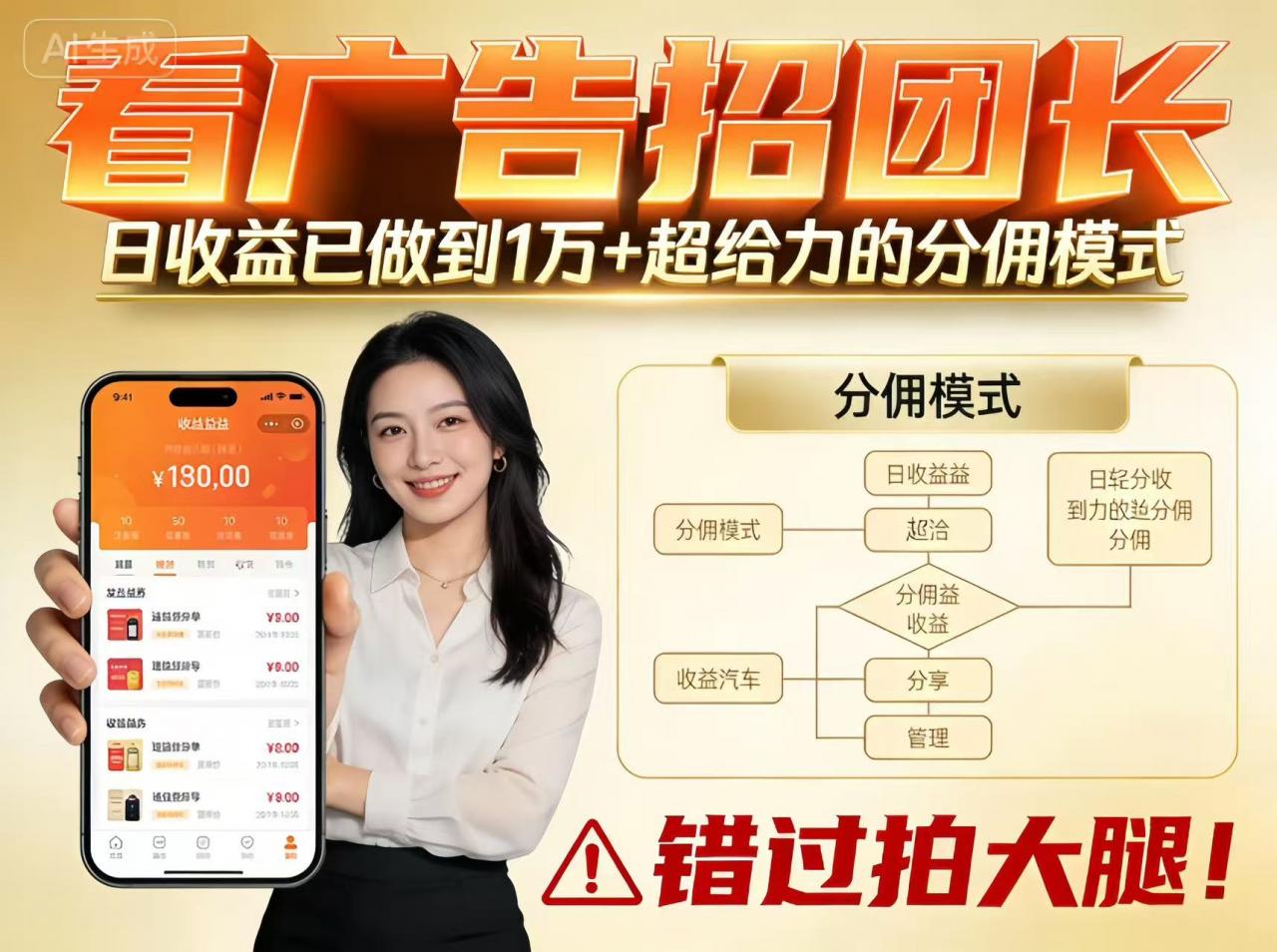 看广告招团长，团队收益已做到日入1万，分佣模式超给力，错过拍大腿-淘秘副业