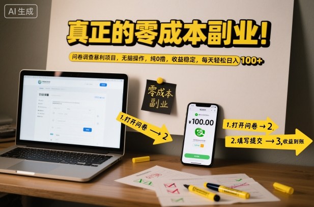真正的零成本副业！问卷调查暴利项目，无脑操作，纯0撸，收益稳定，每天轻松日入100+【揭秘】-淘秘副业