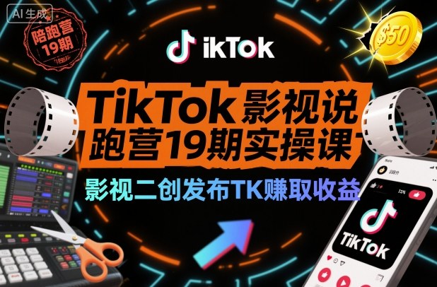 TikTok影视解说陪跑营19期实操课，影视二创发布TK賺取收益，万播收益50美金（更新）-淘秘副业