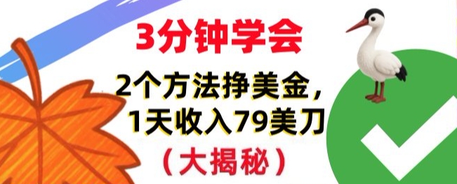免费挣美刀的2个方法，1天收入79刀，超简单，3分钟学会-淘秘副业