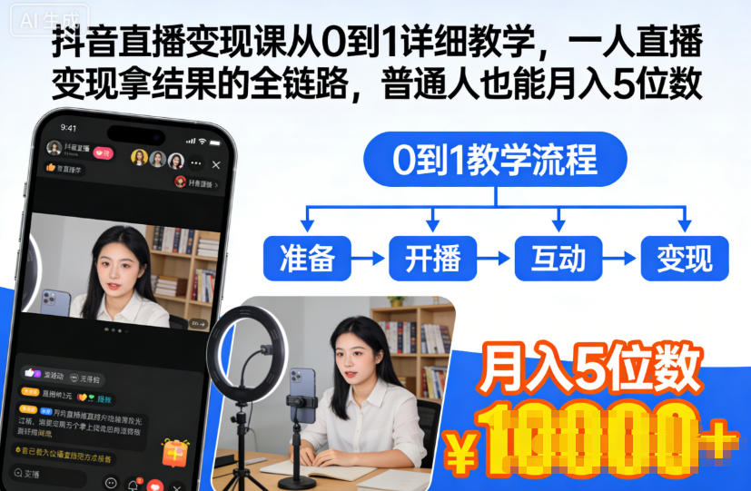 抖音直播变现课从0到1详细教学，一人直播变现拿结果的全链路，普通人也能月入5位数-淘秘副业