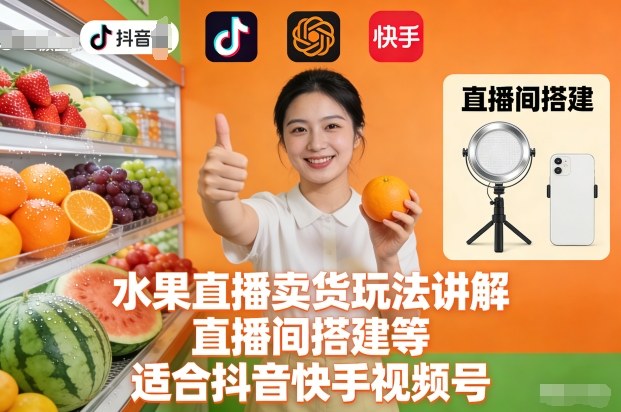 水果直播卖货玩法讲解、直播间搭建等，适合抖音快手视频号-淘秘副业