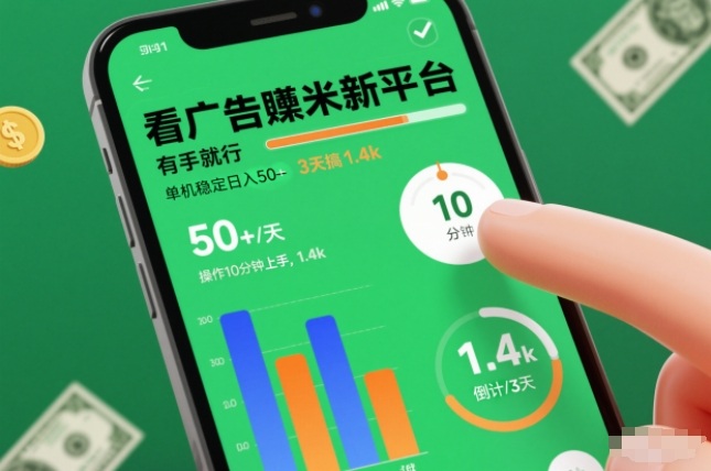 看广告賺米新平台，有手就行，单机稳定日入50+，操作10分钟上手，3天搞了1.4k【揭秘】-淘秘副业