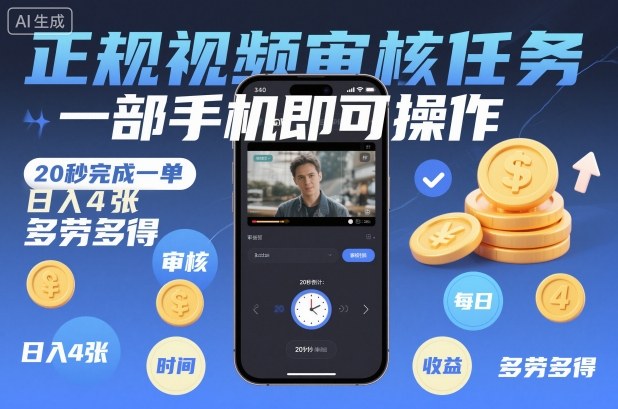 正规视频审核任务，一部手机即可操作，20秒完成一单，日入4张，多劳多得【揭秘】-淘秘副业