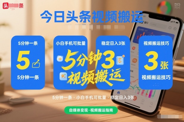 今日头条视频搬运，5分钟一条，小白手机可批量，稳定日入3张-淘秘副业