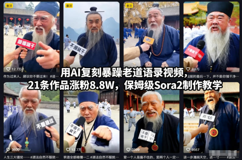 用AI复刻暴躁老道语录视频，21条作品涨粉8.8W，保姆级Sora2制作教学-淘秘副业