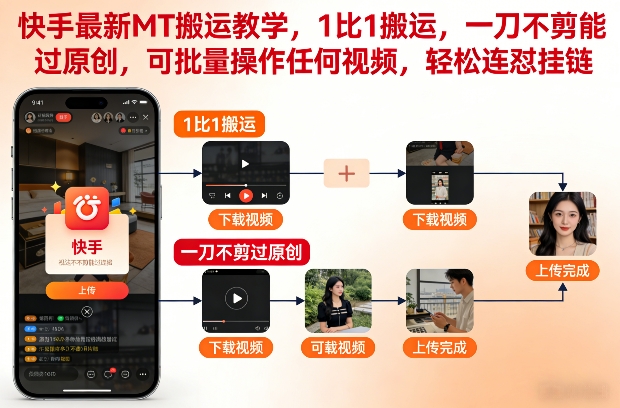 快手最新MT搬运教学，1比1搬运，一刀不剪能过原创，可批量操作任何视频，轻松连怼挂链-淘秘副业
