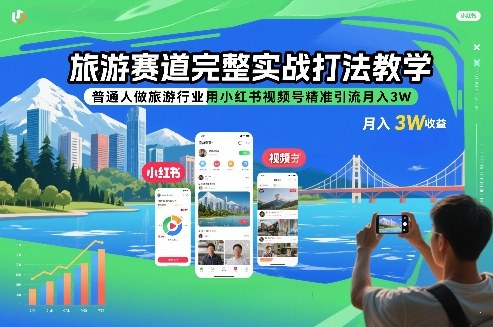 旅游赛道完整实战打法教学，普通人做旅游行业用小红书视频号精准引流月入3W-淘秘副业