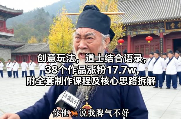创意玩法，道士结合语录，38个作品涨粉17.7w，附全套制作课程及核心思路拆解-淘秘副业