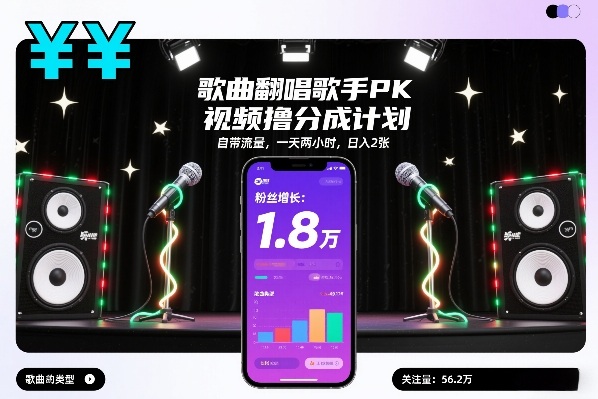歌曲翻唱歌手PK视频撸分成计划，自带流量，一天两小时，日入2张-淘秘副业