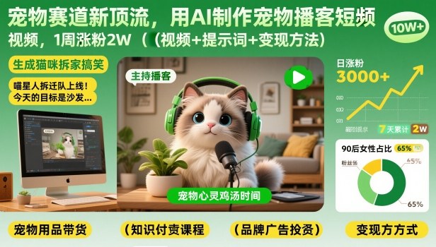 宠物赛道新顶流，用AI制作宠物播客短视频，1周涨粉2W（视频+提示词+变现方法）-淘秘副业