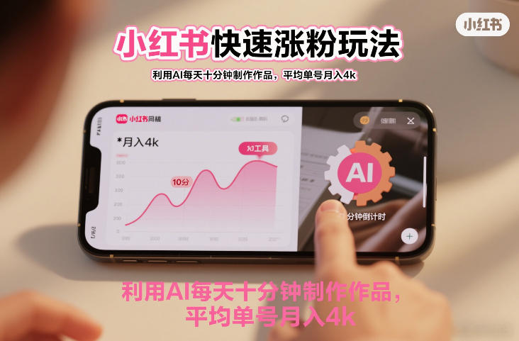 小红书快速涨粉玩法，利用AI每天十分钟制作作品，平均单号月入4k-淘秘副业