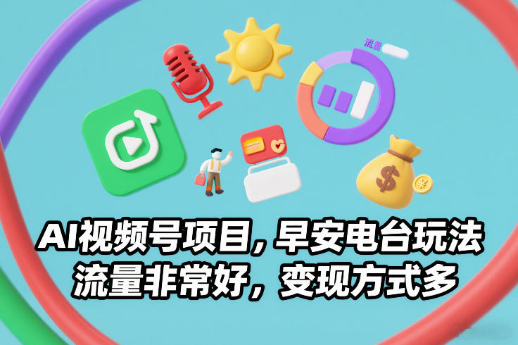 AI视频号项目，早安电台玩法，流量非常好，变现方式多-淘秘副业