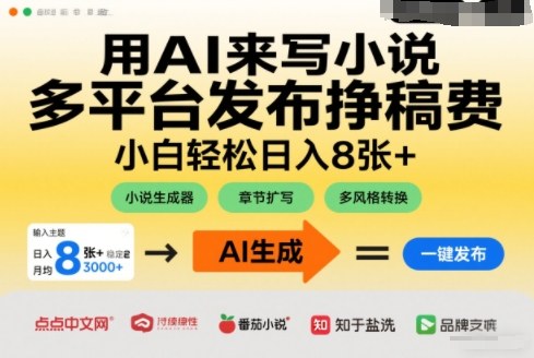 用AI来写小说，多平台发布挣稿费，小白轻松日入8张+，长期稳定项目-淘秘副业