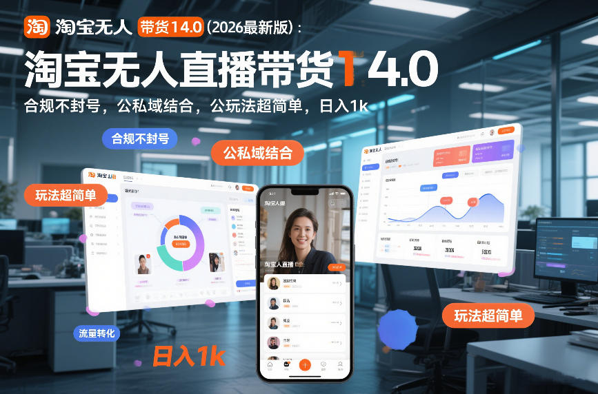 淘宝无人直播带货14.0（2026最新版）：合规不封号，公私域结合，玩法超简单，日入1k+【揭秘】-淘秘副业