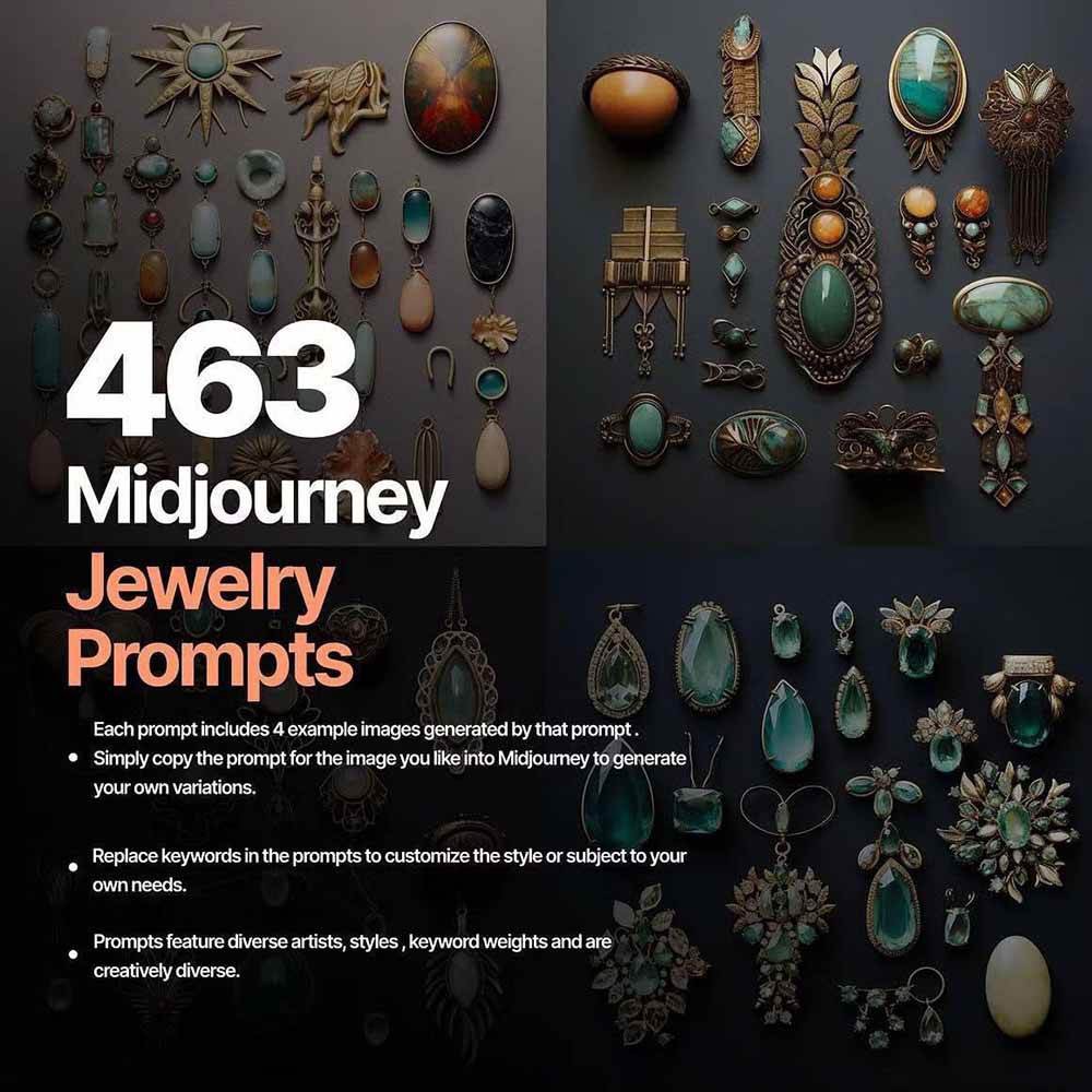 463个Midjourney珠宝摄影提示词:覆盖全品类珠宝,AI设计秒出专业效果