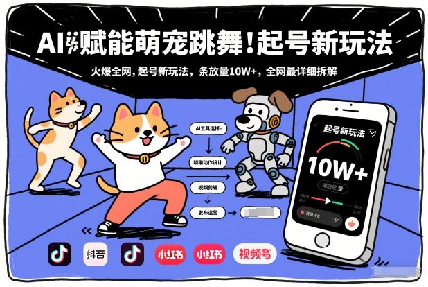 AI赋能萌宠跳舞，火爆全网，起号新玩法，条条播放量10W+，全网最详细拆解-淘秘副业