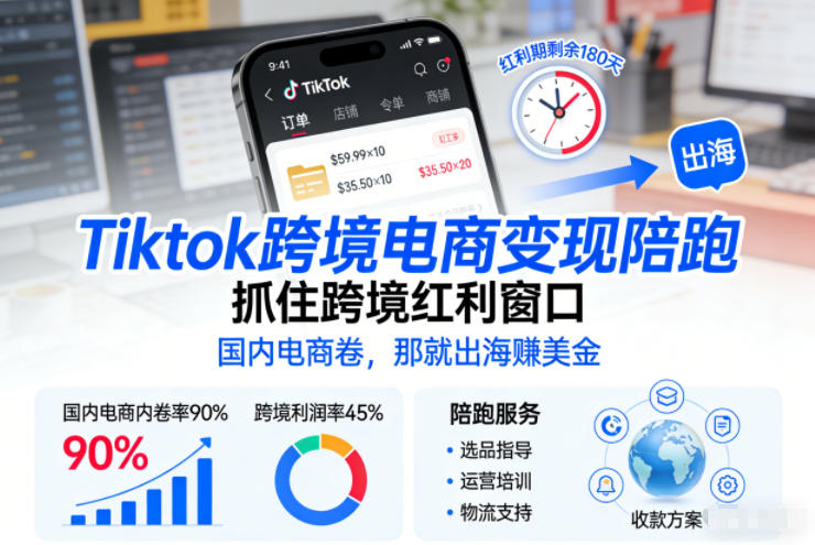 Tiktok跨境电商变现陪跑，抓住跨境红利窗口，国内电商卷，那就出海賺美金-淘秘副业