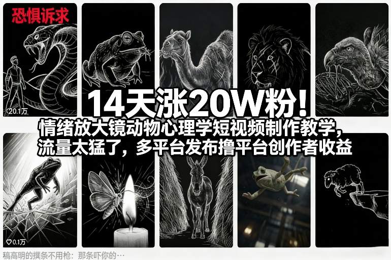 14天涨20W粉！情绪放大镜动物心理学短视频制作教学，流量太猛了，多平台发布撸平台创作者收益-淘秘副业