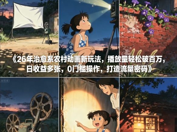 26年治愈系农村动画新玩法，播放量轻松破百万，日收益多张，0门槛操作，打造流量密码-淘秘副业