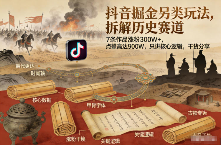 抖音掘金另类玩法，拆解历史赛道，7条作品涨粉300W+，点赞量高达900W，只讲核心逻辑，干货分享-淘秘副业