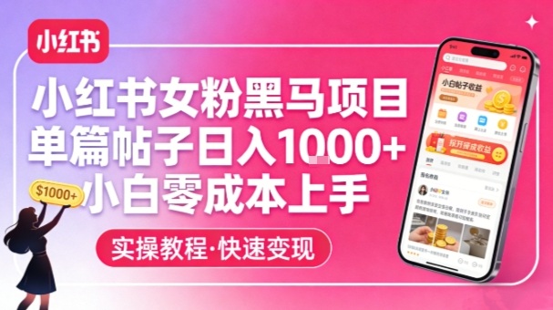 小红书女粉黑马项目，单篇帖子日入1k+，小白零成本上手-淘秘副业