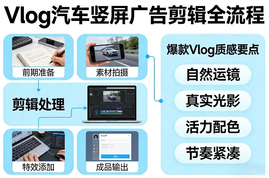 Vlog感觉汽车竖屏广告剪辑脚本全流程，拿捏爆款Vlog质感-淘秘副业