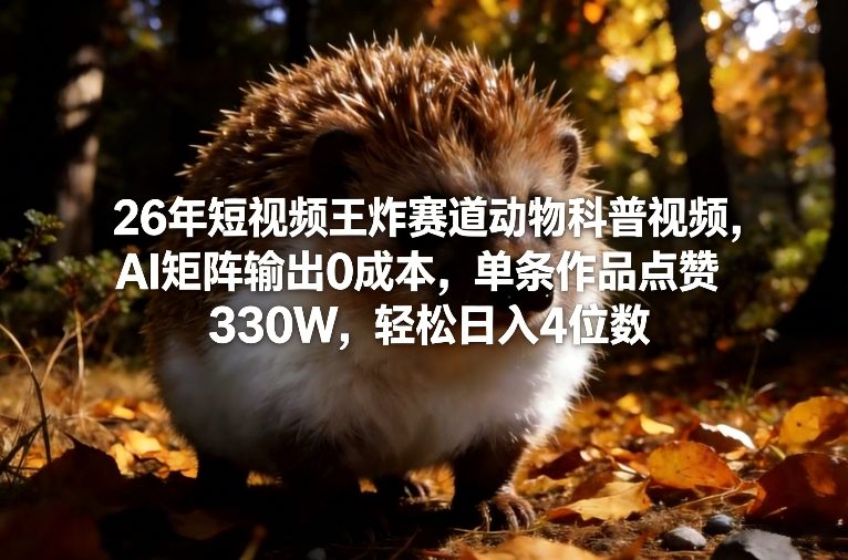 26年短视频王炸赛道动物科普视频，AI矩阵输出0成本，单条作品点赞330W，轻松日入4位数-淘秘副业